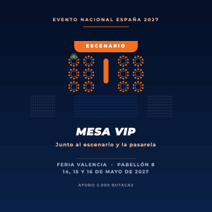 Plano del Pabellón 8 con las 12 mesas VIP junto al escenario resaltadas