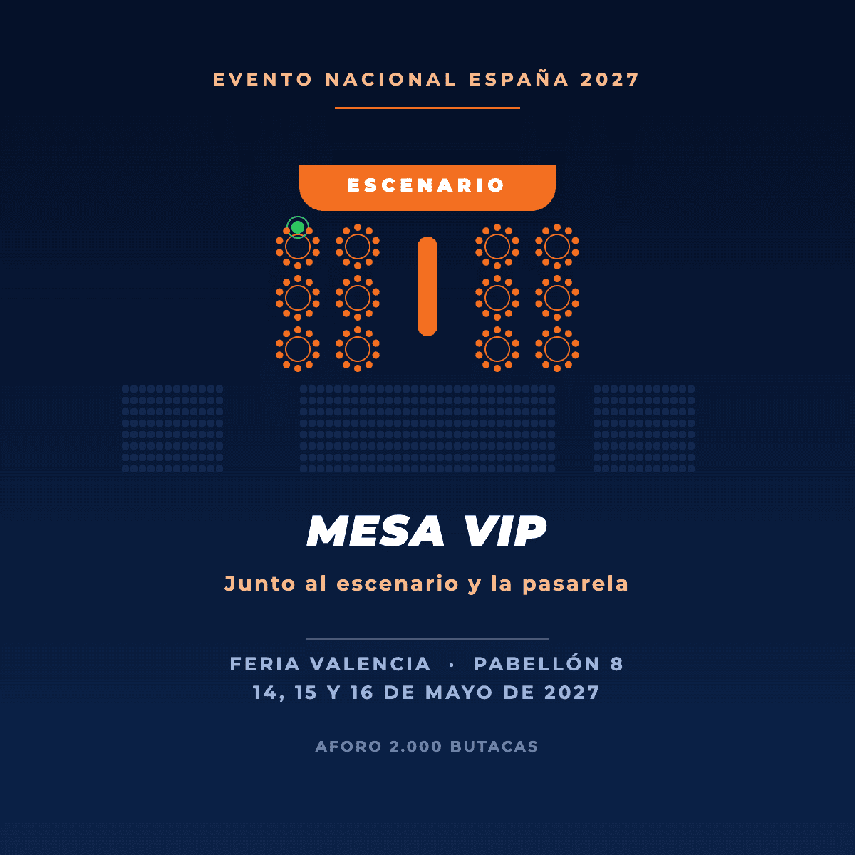 Entrada VIP · Mesa junto al escenario · Evento Nacional España 2027